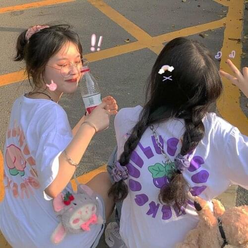 Short-sleeved T-shirt For Women Summer New Kawaii Cartoon Fruit Print Top Student Korean Loose All-match Streetwear Preppy Tees