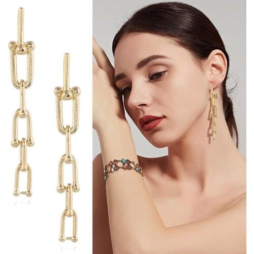 Amaiyllis Simple Geometric Chain Link Statement Stud Earrings For Women Shiny Long Alloy Pendant S925 Silver Pin Post Earrings