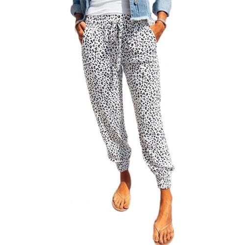 Autumn Women Cropped Trousers Leopard Print Drawstring 4 Colors Elastic Waist Harem Pants Cropped Pants Streetwear 2021