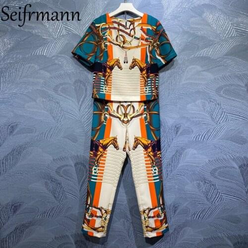 Seifrmann New 2021 Summer Women Fashion Runway Pants Set Short Sleeve Loose Tops + High Waist Vintage Printed Long Pants Suits