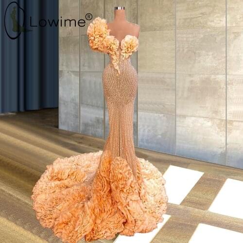 Ruffles One Shoulder Mermaid Evening Dresses 2021 Sexy See Through Luxury Full Beading Evening Gowns Custom Made Formal Dresses