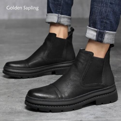 Golden Sapling Fashion Chelsea Boots Men Genuine Leather Classic Slip-on Leisure Shoes Comfortable Platform Casual Mens Boot
