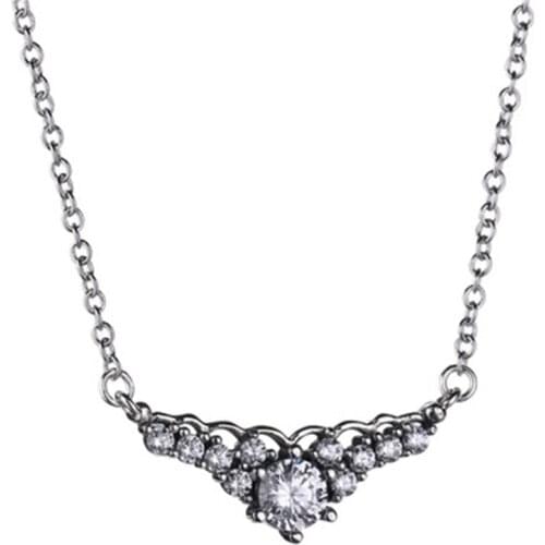 100%925 Sterling Silver Fairy tale crown inlaid Rhinestone pendant With necklace Set Fits European Female style DIY Jewelry Wear