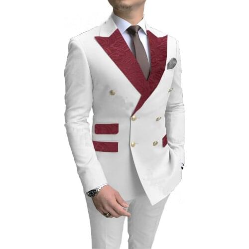 2021 Custom White Burgundy Jacquard Lapel Groomsmen Groom Tuxedo Double Breasted Men Suits Wedding Best Man Blazer Costume Homme