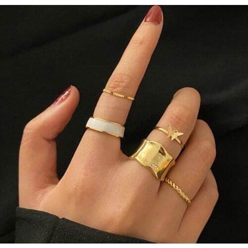 5 PCS Fashion Gold Color Butterfly Wide Circle Rings Set for Women Ethnic Punk Totem Twisted Knuckle Finger Midi Ring