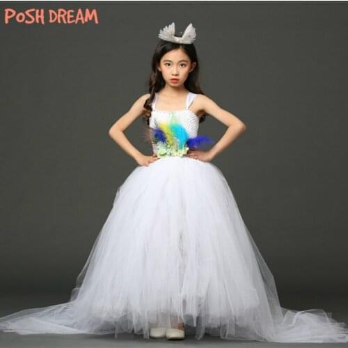 White Peacock Children Girls Party Dresses with Train Tulle Peacock Feather Kids Girls Wedding Birthday Tutu Dress