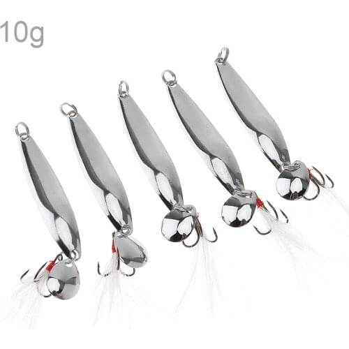 5pcs/lot Silver 10g Metal Sequins Fishing Lure Spinner Spoon Hard Bait with Feather Treble Hook for Pesca Bass Snakehead