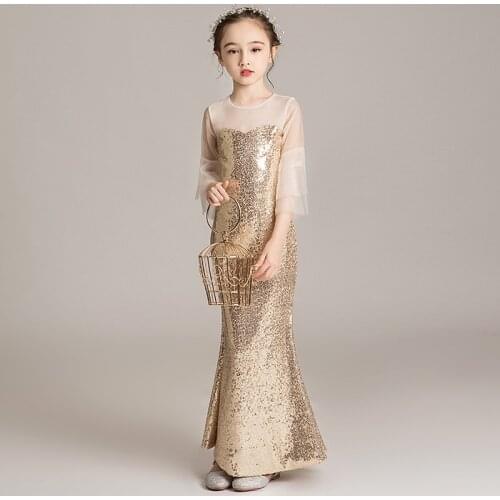 Child Girl Evening Dress Party Birthday Gowns Cute Kids Sequins Mermaid Vestidos Pink Champagne Prom Dresses for 3 and 15 Years