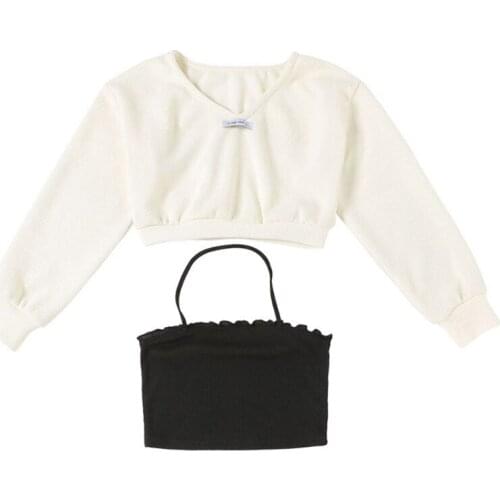 Women 2 Piece Long Sleeve Sweatshirt with Halter Camis Bandeau Solid Color Letters Label V-Neck Ribbed Loose Crop Top