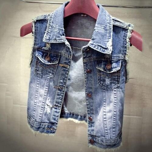 2019 New Cotton Jeans Sleeveless Jacket Women Plus Size S-L Dark Blue Denim Jeans Vest Women Cowboy Denim Vest Womens Jackets