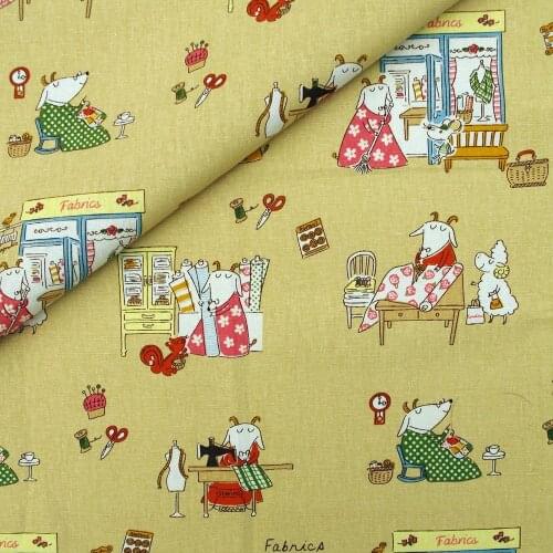 Cotton Linen Fabric for handmad, bed, bag, curtain Sewing - Handmade Life of Goat Drucker Couple - Light grey yellow (LF116)