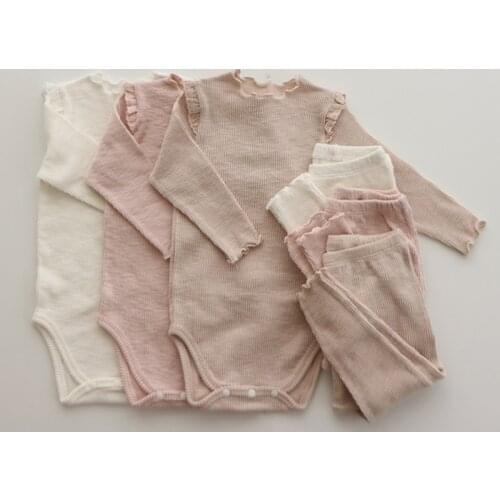 Spring Toddler Baby Romper Suit Long Sleeves Jumpsuit+Pants 2PCS Solid Color Cute Ruffle Infant Baby Girl Clothes Set