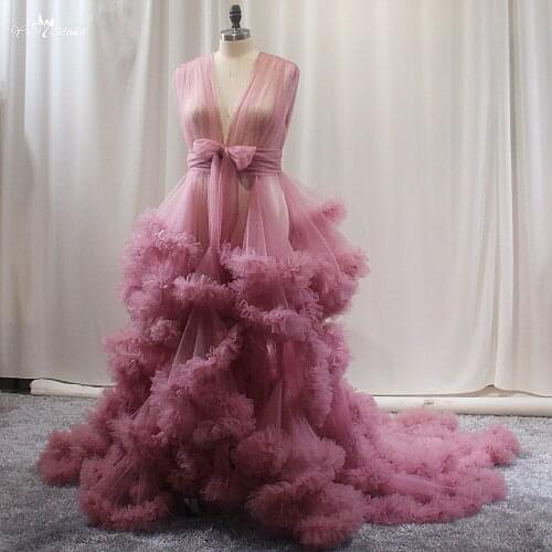 LZY025 Nightgown Photography Robe For Photo Shoot Plus Size Ruffle Tulle Chic Women Dresses Dusty Pink Maternity Dress