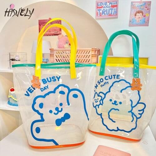 Fashion simple transparent beach bag 2021 new summer travel handbag cute girl heart cartoon bear hand bag