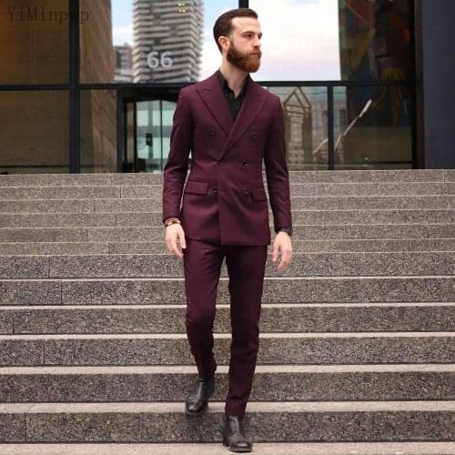 YiMinpwp Burgundy Mens Suit Peaked Lapel Double Breasted Formal Suits for Man trajes de hombre Wedding Suits 2 Piece Coat+Pant