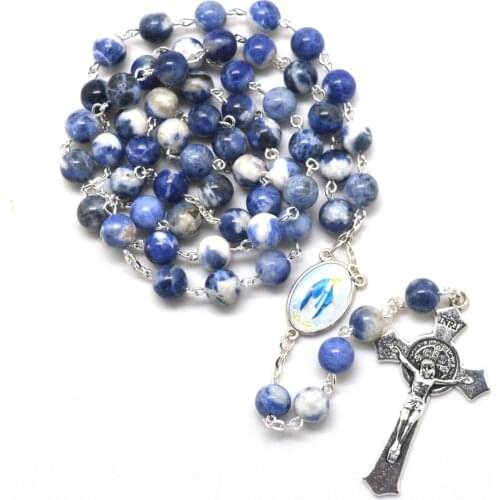 Blue Our Lady of Grace Rosary Necklace 8 mm Round Stone Bead St Benedict Cross