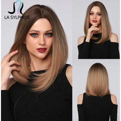 La Sylphide Synthetic Wig Long Bob Root Black Ombre Brown Middle Part Hair Wig for Black White Woman Daily Use Party Cute Wigs