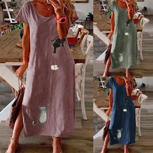 40# Fashion Women Plus Size Dresses Summer O-Neck Cotton and Linen Cat Print Open Fork Long Dress Women Clothes vestido de mujer