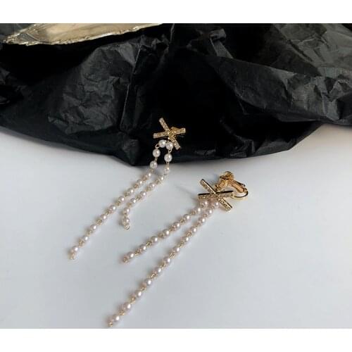Hot New Personality Korean Long Chain Pearl Tassel X-Shaped Earrings Temperament Earrings Womens Accessories
