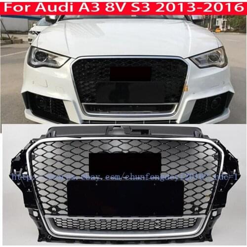 Front Grill Honeycomb Grille For Audi A3 S3 8V 2013 2014 2015 2016 RS3 Style Silver+Black 14-15