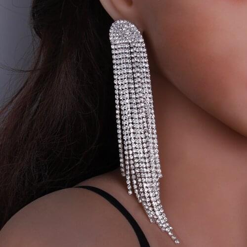 Stonefans Luxury Rhinestone Long Tassel Drop Earrings for Women Silver Color Crystal Dangle Earrings Statement Jewelry Wholesale