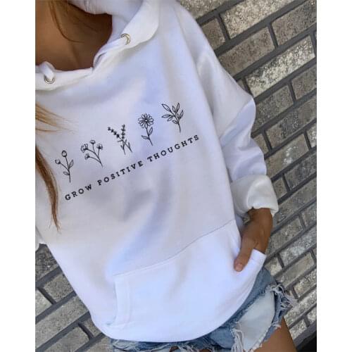Grow Positive Thoughts Floral Print Hoodies Trendy Women Crewneck Slogan Pullover Casual Inspirational Quote Ladies Sweatshirts