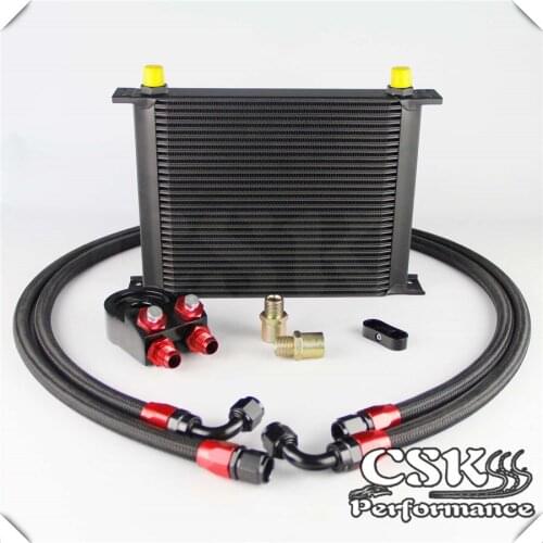 Universal 30 Row 248mm AN8 Engine Transmission Oil Cooler British Type + Aluminum Filter Adapter Kit Black/Blue