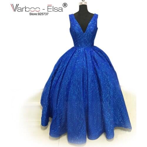 VARBOO_ELSA New V-neck Saudi Arab Evening Gowns royal blue prom dresses shiny Floor Length Evening Dresses glitter