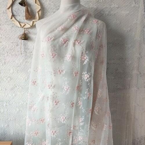 Quality lace fabric Small pink floral embroidery sewing Top grade wedding dress skirt headdress tissus