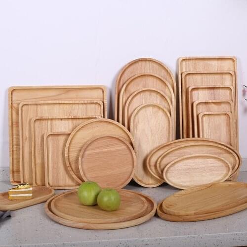 Japanese wooden tray rectangular bread plate household round solid wood wooden plate cup fruit plate wooden plate plates set