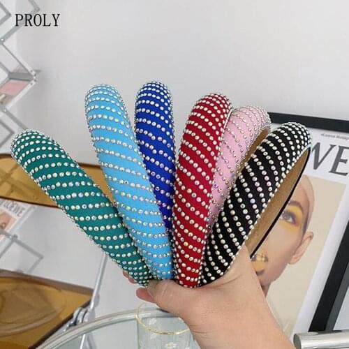 PROLY New Fashion Hot Drilling Sponge Headband For Women Wide Side Baroque Hairband Solid Color Casual Hair Accessories