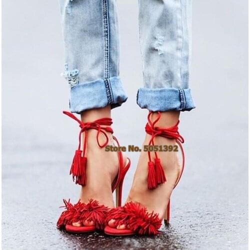 Women Thin High Heel Suede Peep Toe Sandals Fringe Ankle Wrap Lace-up Fashion Gladiator Stiletto Heel Sexy Tassel Shoes