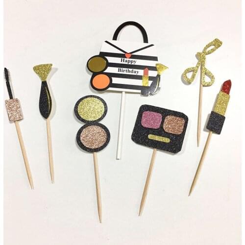 1set MakeUp Cupcake Toppers Lipstick Cosmetics Cake Toppers Make Up Party Cake Decor Wedding Birthday Bacheloret Supplies