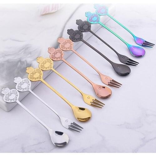 2Pcs Light Luxury Spoon Fork Set Creative Heart Shape Coffee Spoon Christmas Gifts Stainless Steel Tableware Kitchen Accessories