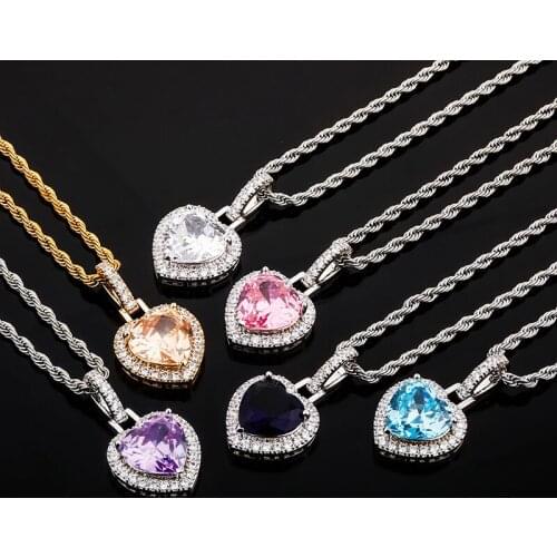 6 Colors pink blue white solid heart zircon pendant necklaces with 5A cz paved colorful rainbow wedding jewelry Gift for women