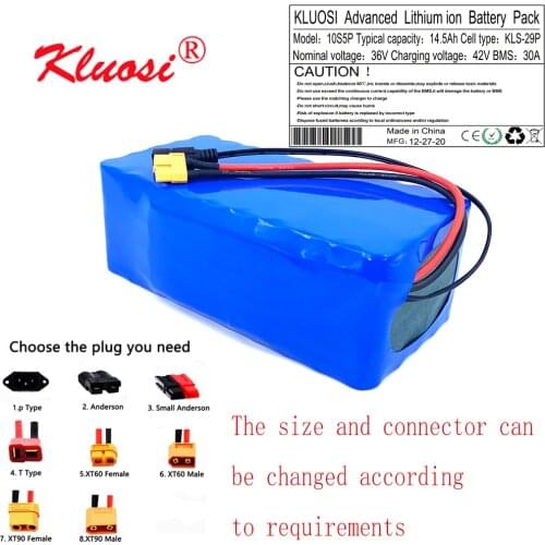KLUOSI 10S5P 36V 14.5Ah 15Ah 1000W 36V Battery with 30A BMS 42V Li-ion Battery Pack for Ebike Electric Car Bicycle Motor Scooter