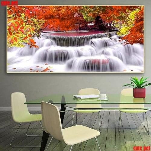 Large DIY handmade diamond Autumn woods and waterfall cross stitch Mosaic art painting wallpaper Diamond Embroidery home decor