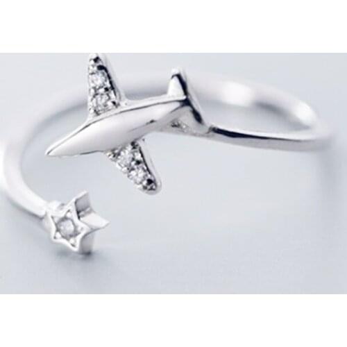 Sole Memory Shiny Zircon Airplane Art Cute 925 Sterling Silver Female Resizable Opening Rings SRI917
