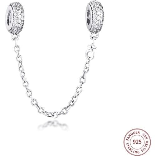 100% 925 Sterling Silver Clear CZ Pave Inspiration Safety Chain Charms Fits Pandora Bracelet Beads for Jewelry Making Kralen