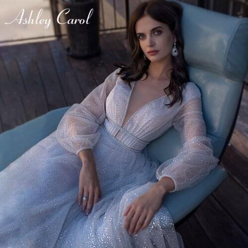 Ashley Carol A-Line Wedding Dress 2021 Elegant V-neck Puff Sleeve Backless Bride Dresses Shiny Crystal Sashes Beach Bridal Gown
