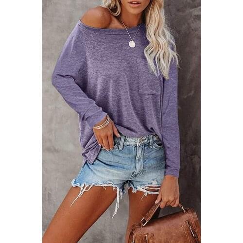 Spring Autumn Solid Color Simple Oversized Harajuku T Shirt Women Long Sleeve Top Basic Pocket Slit Fashion O-Neck Loose Fashion