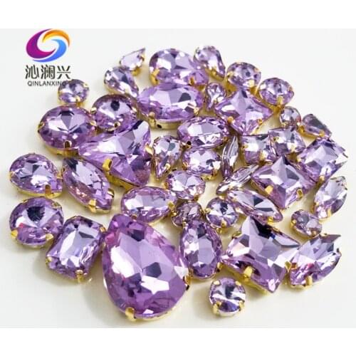 Crystal violet mix shape top crystal glass sew on stones,Gold bottom claw rhinestone diy/Clothing accessories 58pcs/pack SWG016
