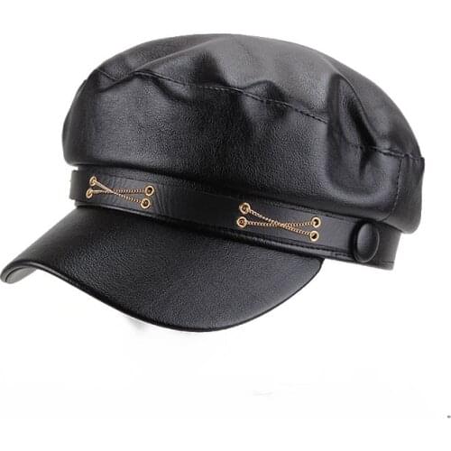 Classic Leather Beret Hat Headdress Summer Girls Chain Chic Ivy Caps