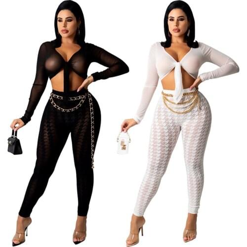 Zoctuo Two 2 Piece Set Womens Printing Lace Up V Neck Shirts Tops With Pencil Pants Sets Clubwear Party Autumn Fashion Outfits