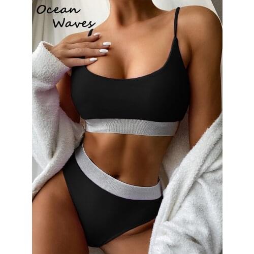 High Waist Swimwear Bikini Women Swimsuits Push Up Biquini Shiny Splicing Bikinis Set High Cut Bathing Suits 2021 Silver Border