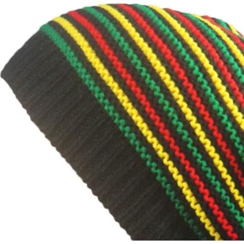 Unisex Crochet Wavy Fine Stripes Beanie Cap Rainbow Jamaica Flag Baggy Skull Hat N58F