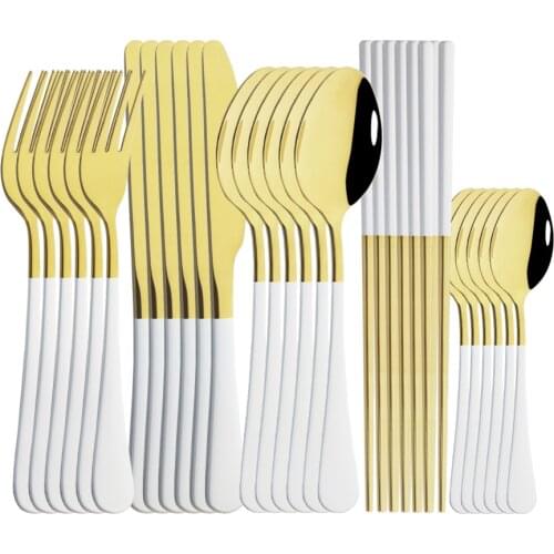 White Gold Cutlery Sets Luxury Dinnerware Tableware Stainless Steel Silverware Table Dinner Knife Fork Spoon Chopsticks Set