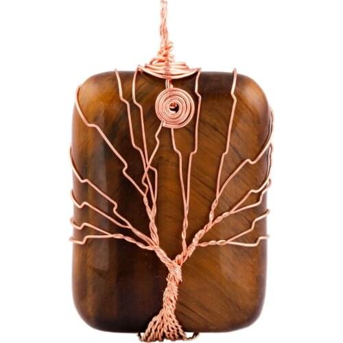 SUNYIK Tigers Eye Stone Oblong Tree of Life Pendant Reiki Symbol Copper Wire Wrapped Jewelry