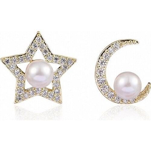 Classic Star Moon Design Asymmetric Pearl Earrings for Women Girls Contracted Exquisite CZ Zircon Stud Earrings Jewelry LE1460