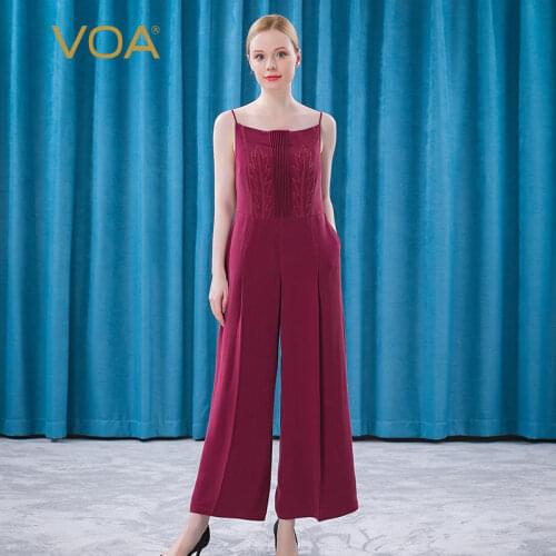 VOA Silk 30m/m Agate Red Front Three-dimensional Pleated Arch Needle Technology Hanging Inclined Pocket with Jumpsuit KE252